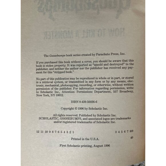 Goosebumps "How To Kill A Monster" By R.L. Stine Scholastic Inc. Paperback Book - Picture 5 of 9